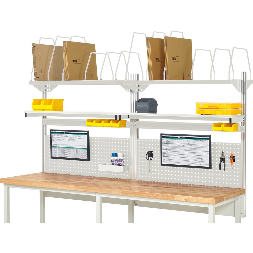 Produktabbildung: RAU Werkbank-Aufbau, HxBxT 1.130 x 2.500 x 350 mm, mit 2 Etagenboards, 2 Halteschienen und 2 Flachbildschirmhalter, Komplettset 03 für Produktbreite 2.500 mm