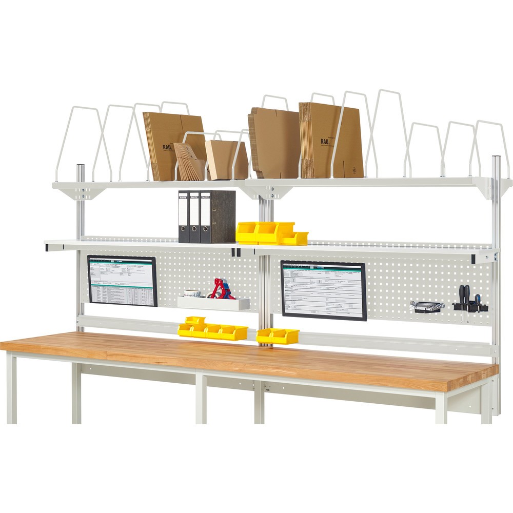 Produktabbildung: RAU Werkbank-Aufbau, HxBxT 1.130 x 3.000 x 350 mm, mit 2 Etagenboards, 2 Halteschienen und 2 Flachbildschirmhalter, Komplettset 03 für Produktbreite 3.000 mm