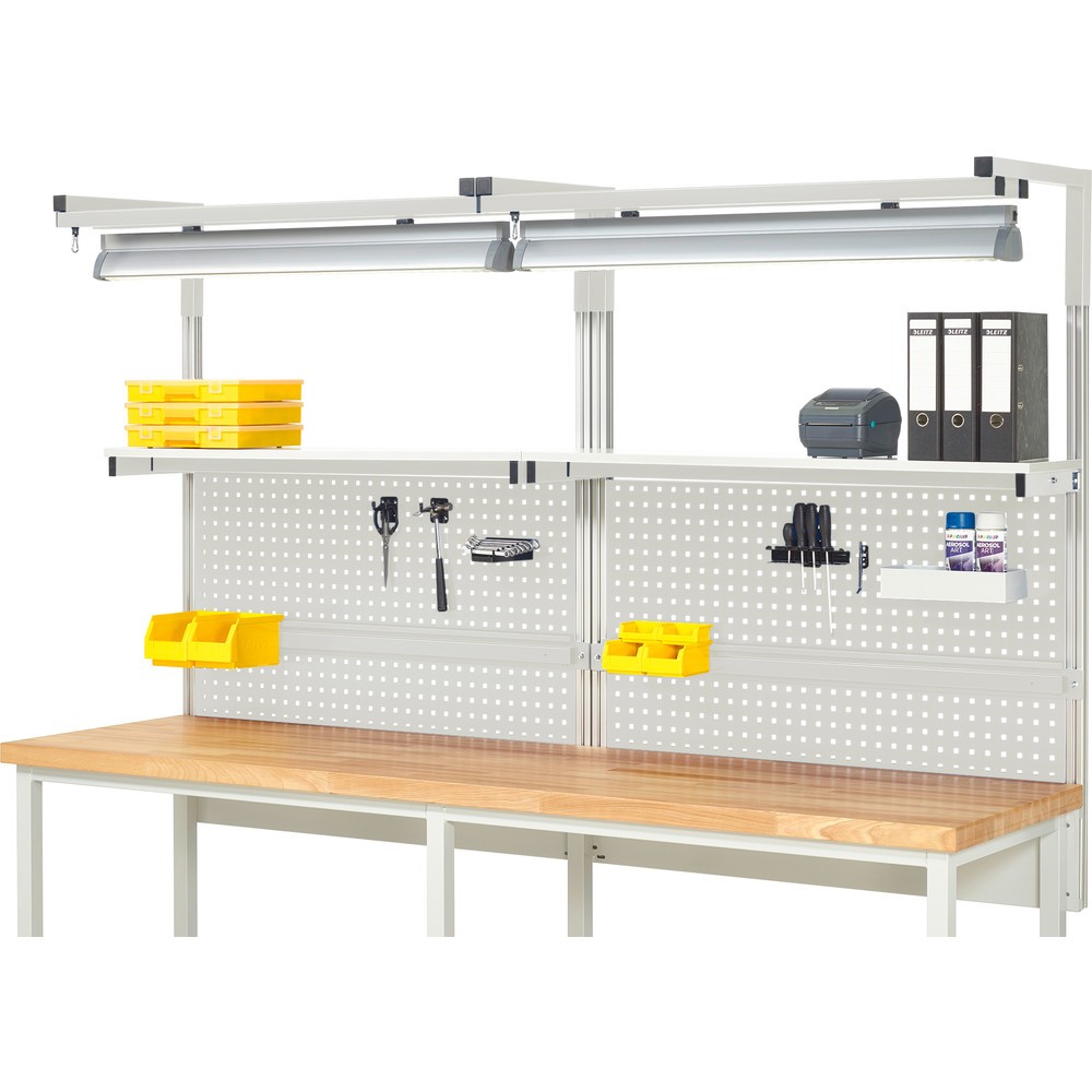 Produktabbildung: RAU Werkbank-Aufbau, HxBxT 1.380 x 2.500 x 350 mm, mit 2 Etagenboards, 2 Halteschienen, 2 Auslegerpaare und 2 Leuchten, Komplettset 04 für Produktbreite 2.500 mm