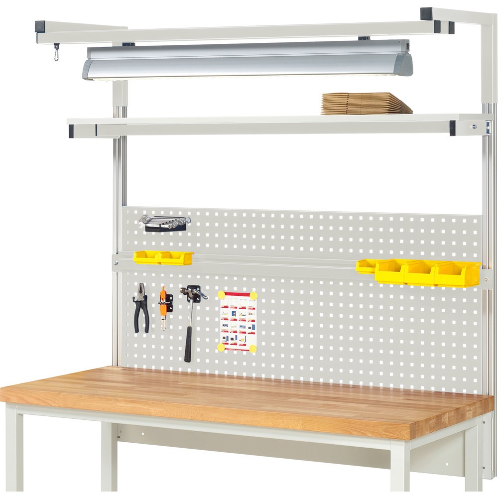 Produktabbildung: RAU Werkbank-Aufbau, HxBxT 1.380 x 1.500 x 350 mm, mit 1 Etagenboard, 1 Halteschiene, 1 Auslegerpaar und 1 Leuchte, Komplettset 04 für Produktbreite 1.500 mm