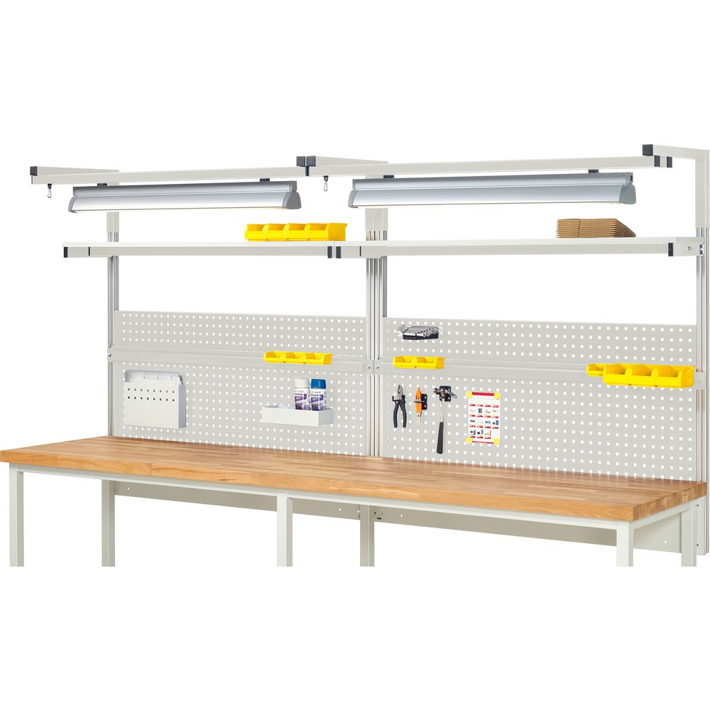 Produktabbildung: RAU Werkbank-Aufbau, HxBxT 1.380 x 3.000 x 350 mm, mit 2 Etagenboards, 2 Halteschienen, 2 Auslegerpaare und 2 Leuchten, Komplettset 04 für Produktbreite 3.000 mm