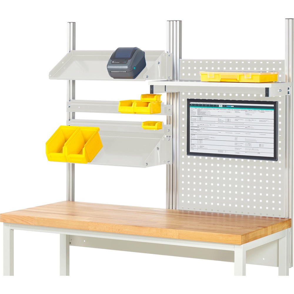 Produktabbildung: RAU Werkbank-Aufbau, HxBxT 1.130 x 1.500 x 350 mm, mit 1 Etagenboard, 2 Halteschienen, 2 neigbare Metallablagen und 1 Flachbildschirmhalter, Komplettset 05 für Produktbreite 1.500 mm
