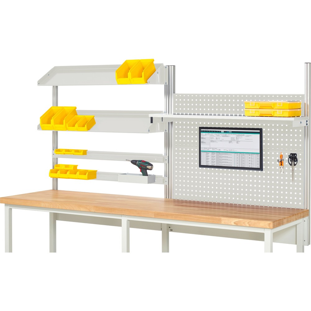 Produktabbildung: RAU Werkbank-Aufbau, HxBxT 1.130 x 2.500 x 350 mm, mit 1 Etagenboard, 2 Halteschienen, 2 neigbare Metallablagen und 1 Flachbildschirmhalter, Komplettset 05 für Produktbreite 2.500 mm