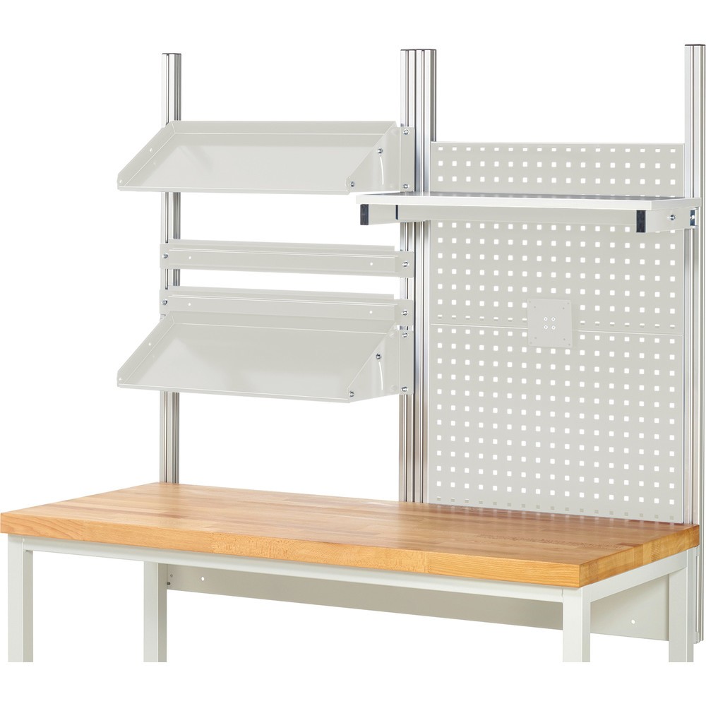 Produktabbildung Nr. 2: RAU Werkbank-Aufbau, HxBxT 1.130 x 1.500 x 350 mm, mit 1 Etagenboard, 2 Halteschienen, 2 neigbare Metallablagen und 1 Flachbildschirmhalter, Komplettset 05 für Produktbreite 1.500 mm