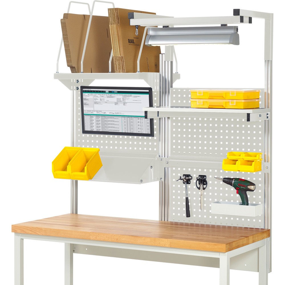 Produktabbildung: RAU Werkbank-Aufbau, HxBxT 1.380 x 1.500 x 1.500 mm, mit 1 Etagenboard, 1 Halteschiene, 1 neigbare Metallablage, 1 Flachbildschirmhalter und 1 Leuchte, Komplettset 06 für Produktbreite 1.500 mm