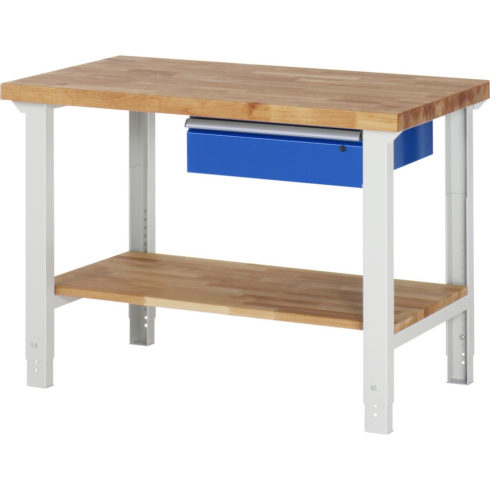 Produktabbildung: RAU Werkbank Serie 7000, HxBxT 790-1.140 x 1.250 x 700 mm, 1 Ablageboden, 1 Schublade, ErgoScript