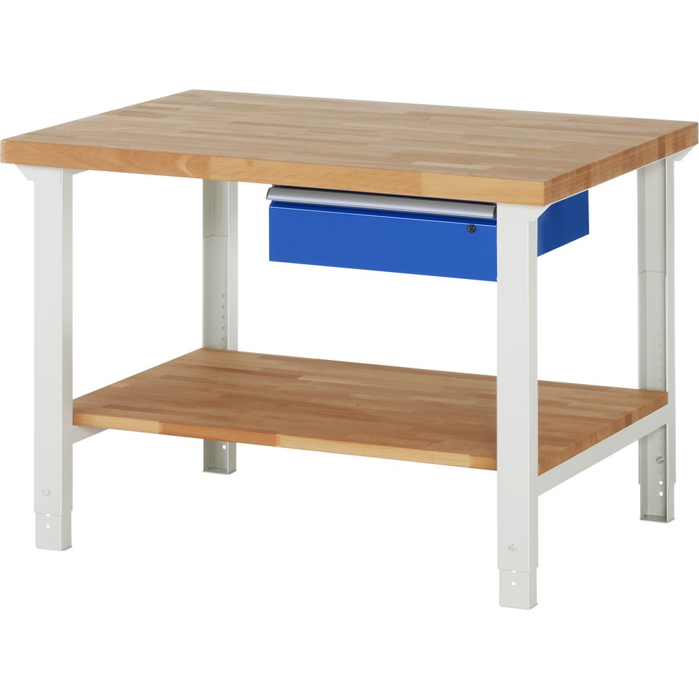 Produktabbildung: RAU Werkbank Serie 7000, HxBxT 790-1.140 x 1.250 x 900 mm, 1 Ablageboden, 1 Schublade, ErgoScript