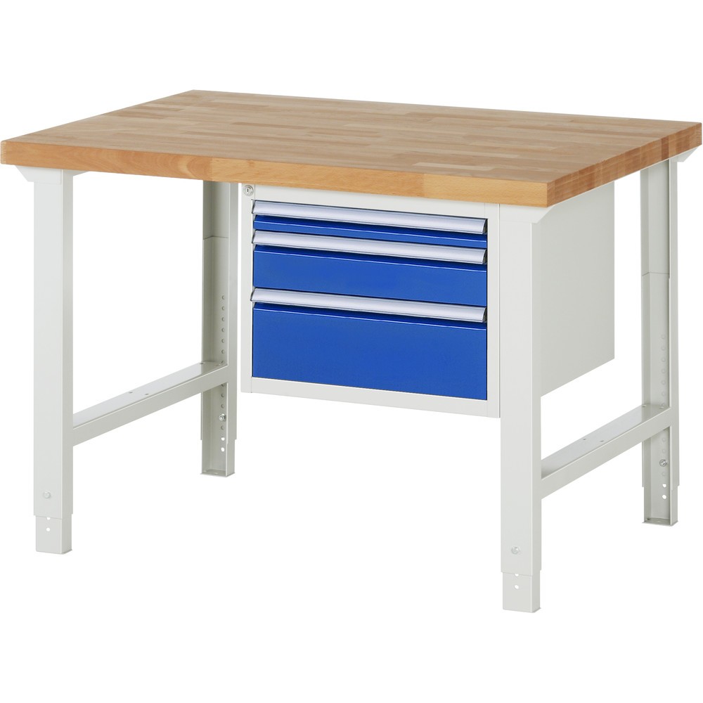 Produktabbildung: RAU Werkbank Serie 7000, 1 Container, HxBxT 790-1.140 x 1.250 x 900 mm, 3 x 90%-Auszug-Schubladen 1 x 60, 1 x 120, 1 x 180 mm