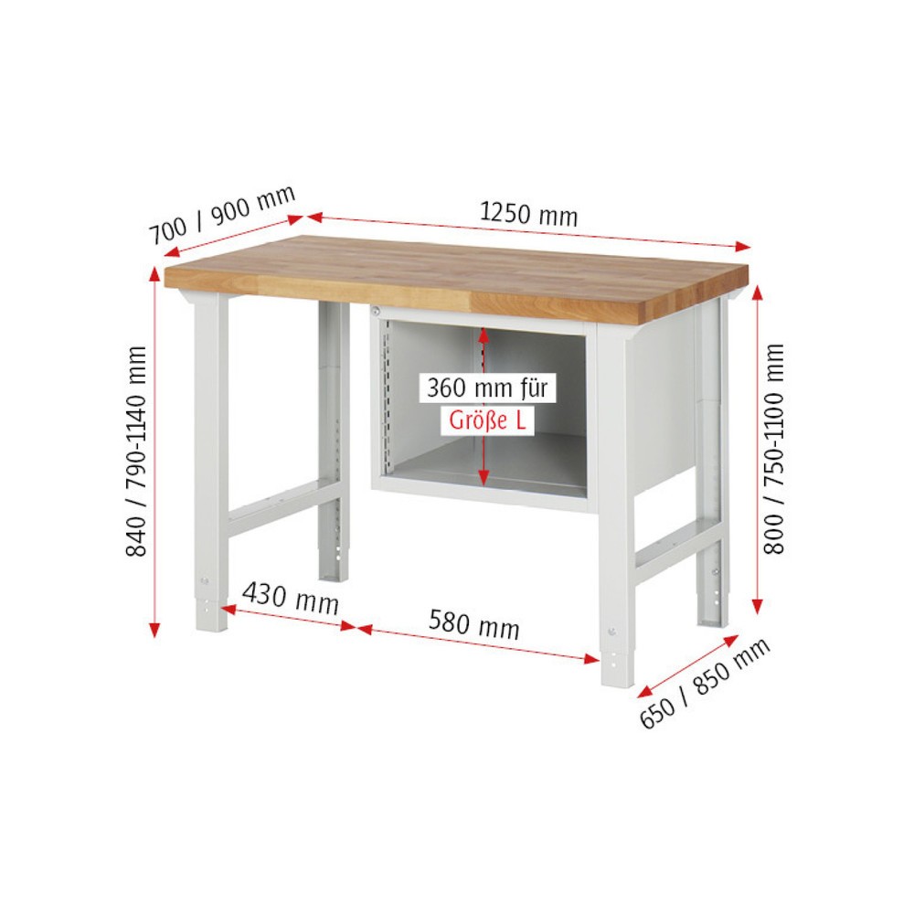 Produktabbildung Nr. 5: RAU Werkbank Serie 7000, 1 Container, HxBxT 790-1.140 x 1.250 x 700 mm, 4 x 90%-Auszug-Schubladen 1 x 60, 2 x 90, 1 x 120 mm
