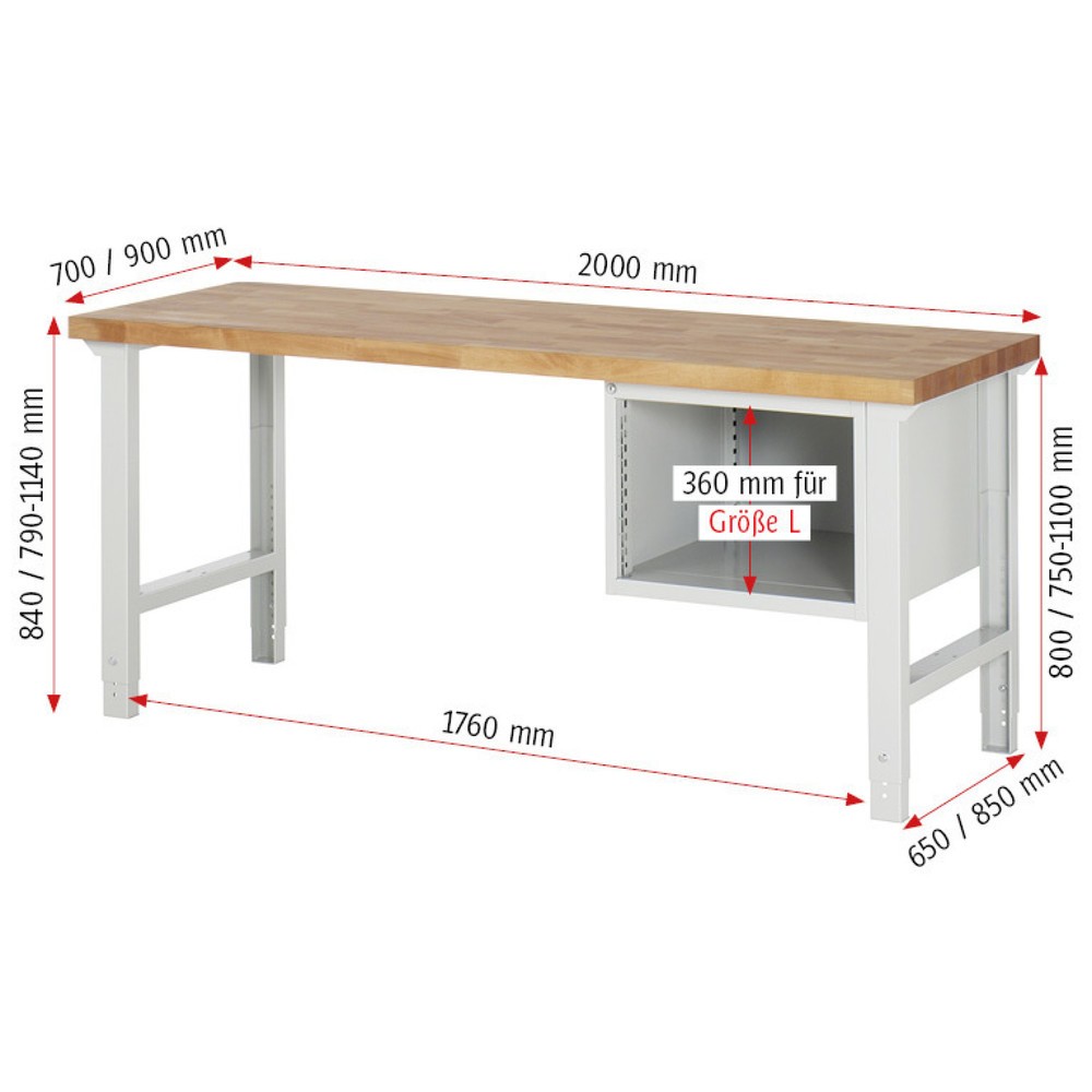 Produktabbildung Nr. 4: RAU Werkbank Serie 7000, 1 Container, HxBxT 840 x 2.000 x 900 mm, 2 x 90%-Auszug-Schubladen 2 x 180 mm