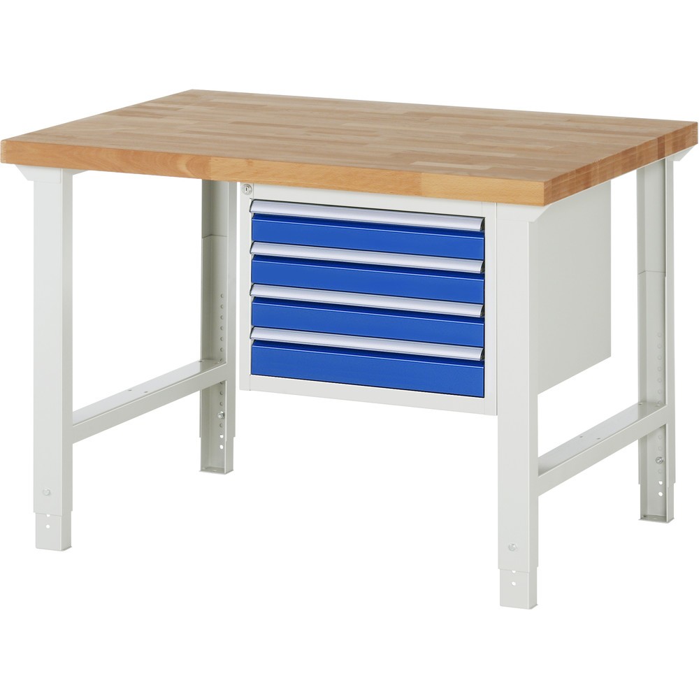 Produktabbildung: RAU Werkbank Serie  7000, 1 Container, HxBxT 790-1.140 x 1.250 x 900 mm, 4 x 90%-Auszug-Schubladen 4 x 90 mm