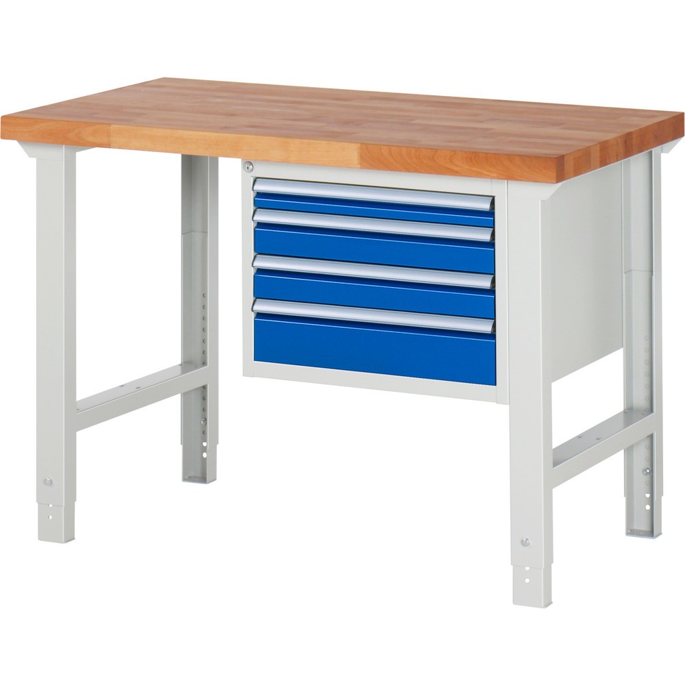 Produktabbildung Nr. 1: RAU Werkbank Serie 7000, 1 Container, HxBxT 790-1.140 x 1.250 x 700 mm, 4 x 90%-Auszug-Schubladen 1 x 60, 2 x 90, 1 x 120 mm