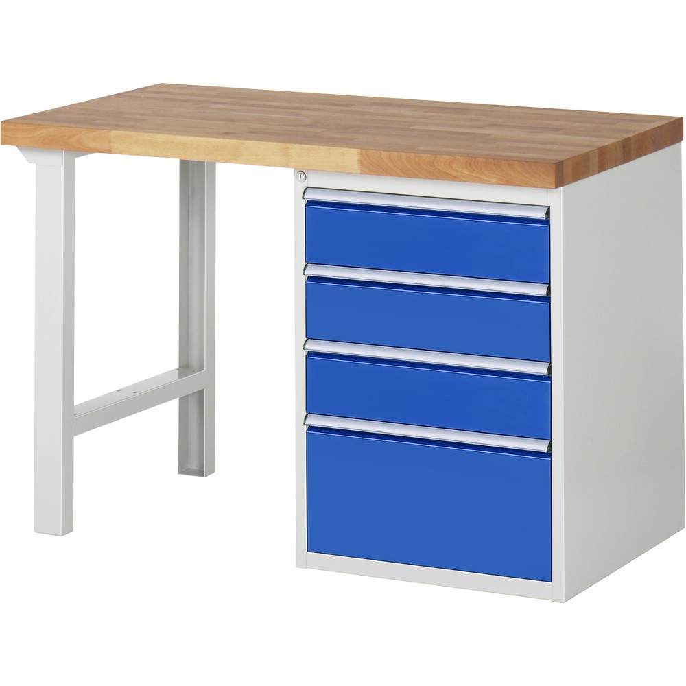 Produktabbildung: RAU Werkbank Serie 7000, 1 Container, HxBxT 890 x 1.250 x 700 mm, 4 x 90%-Auszug-Schubladen 3 x 150, 1 x 270 mm, Schubladen-TK 100 kg