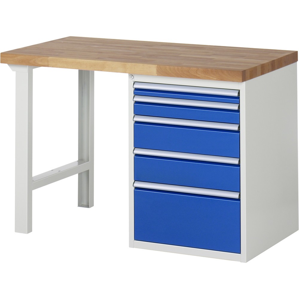Produktabbildung: RAU Werkbank Serie 7000, 1 Container, HxBxT 890 x 1.250 x 700 mm,  5 x 90%-Auszug-Schubladen 1 x 60, 1 x 90, 2 x 150, 1 x 270 mm, Schubladen-TK 100 kg