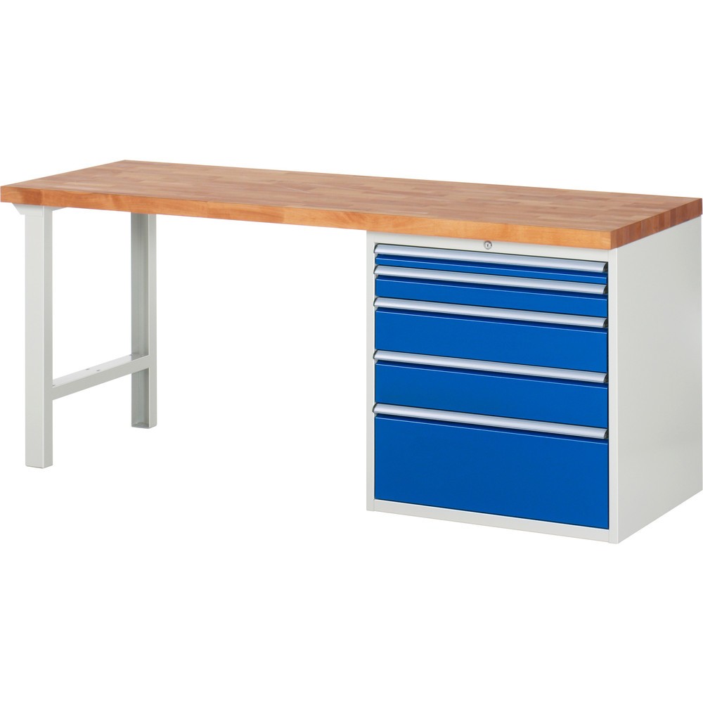 Produktabbildung Nr. 1: RAU Werkbank Serie 7000, 1 Container, HxBxT 890 x 2.000 x 700 mm, 5 x 100%-Auszug-Schubladen 1 x 60, 1 x 90, 2 x 150, 1 x 270 mm, Schubladen-TK 75 kg