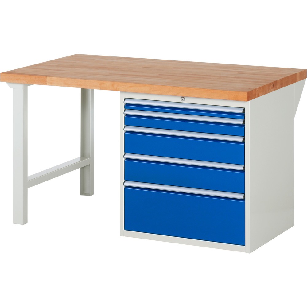 Produktabbildung Nr. 1: RAU Werkbank Serie 7000, 1 Container, HxBxT 890 x 1.500 x 900 mm, 5 x 90%-Auszug-Schubladen 1 x 60, 1 x 90, 2 x 150, 1 x 270 mm, Schubladen-TK 75 kg