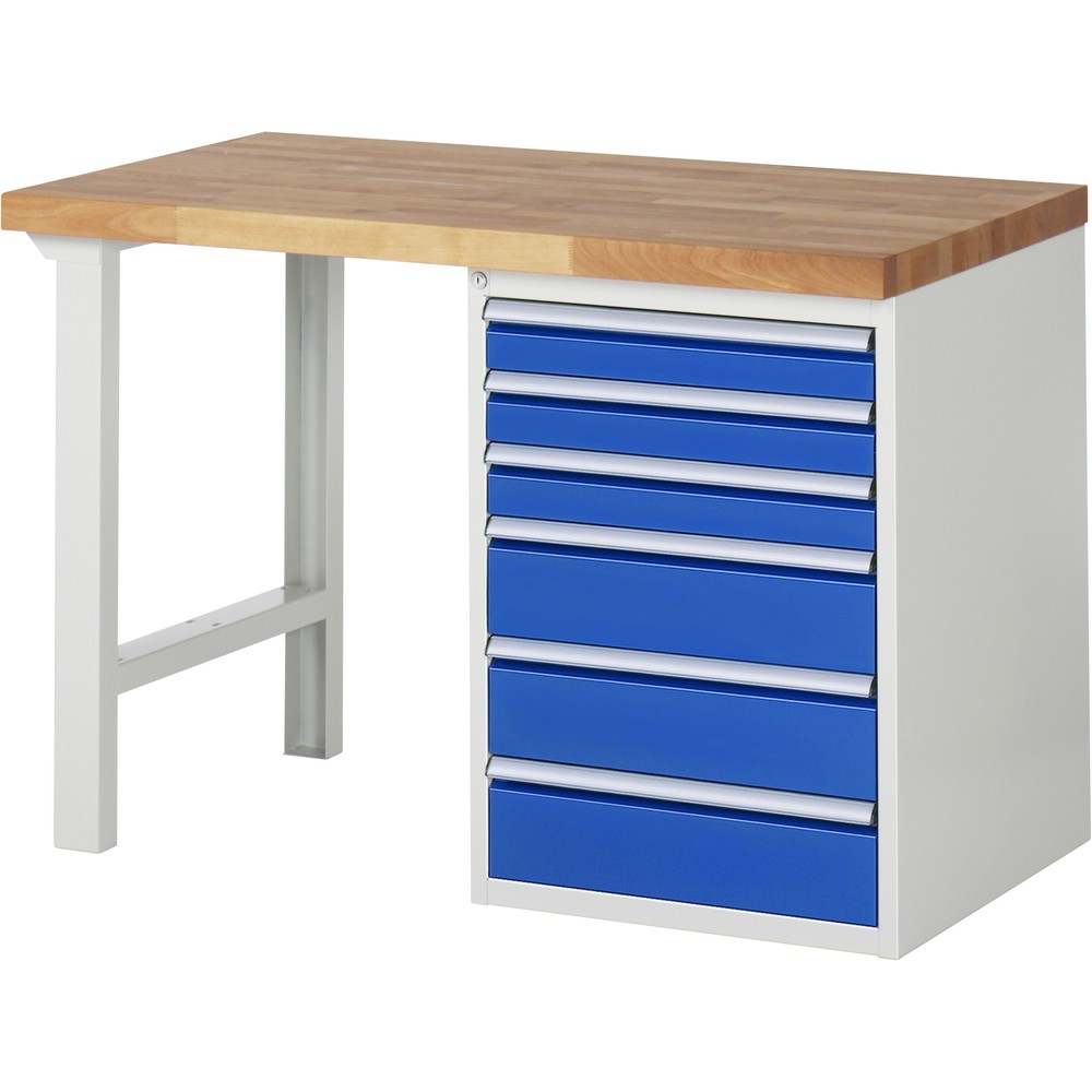 Produktabbildung: RAU Werkbank Serie 7000, 1 Container, HxBxT 890 x 1.250 x 700 mm, 6 x 90%-Auszug-Schubladen 3 x 90, 3 x 150 mm, Schubladen-TK 100 kg