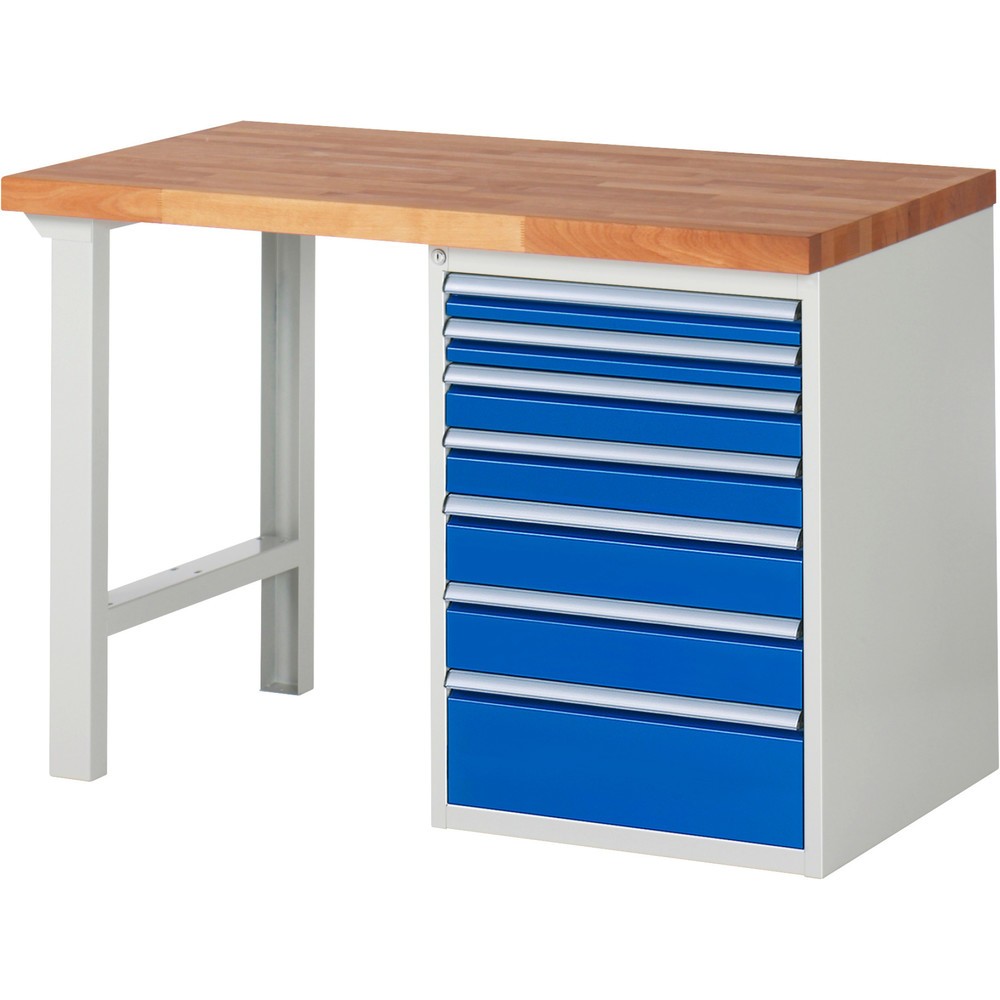 Produktabbildung: RAU Werkbank Serie 7000, 1 Container, HxBxT 890 x 1.250 x 700 mm, 7 x 90%-Auszug-Schubladen, Schubladen-TK 100 kg