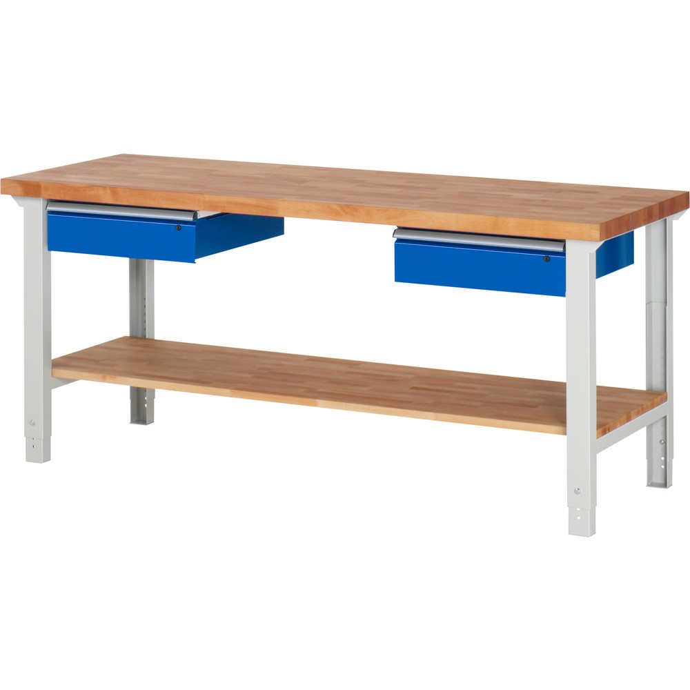 Produktabbildung Nr. 1: RAU Werkbank Serie 7000, HxBxT 790-1.140 x 2.000 x 700 mm, 1 Ablageboden, 2 Schubladen, ErgoScript