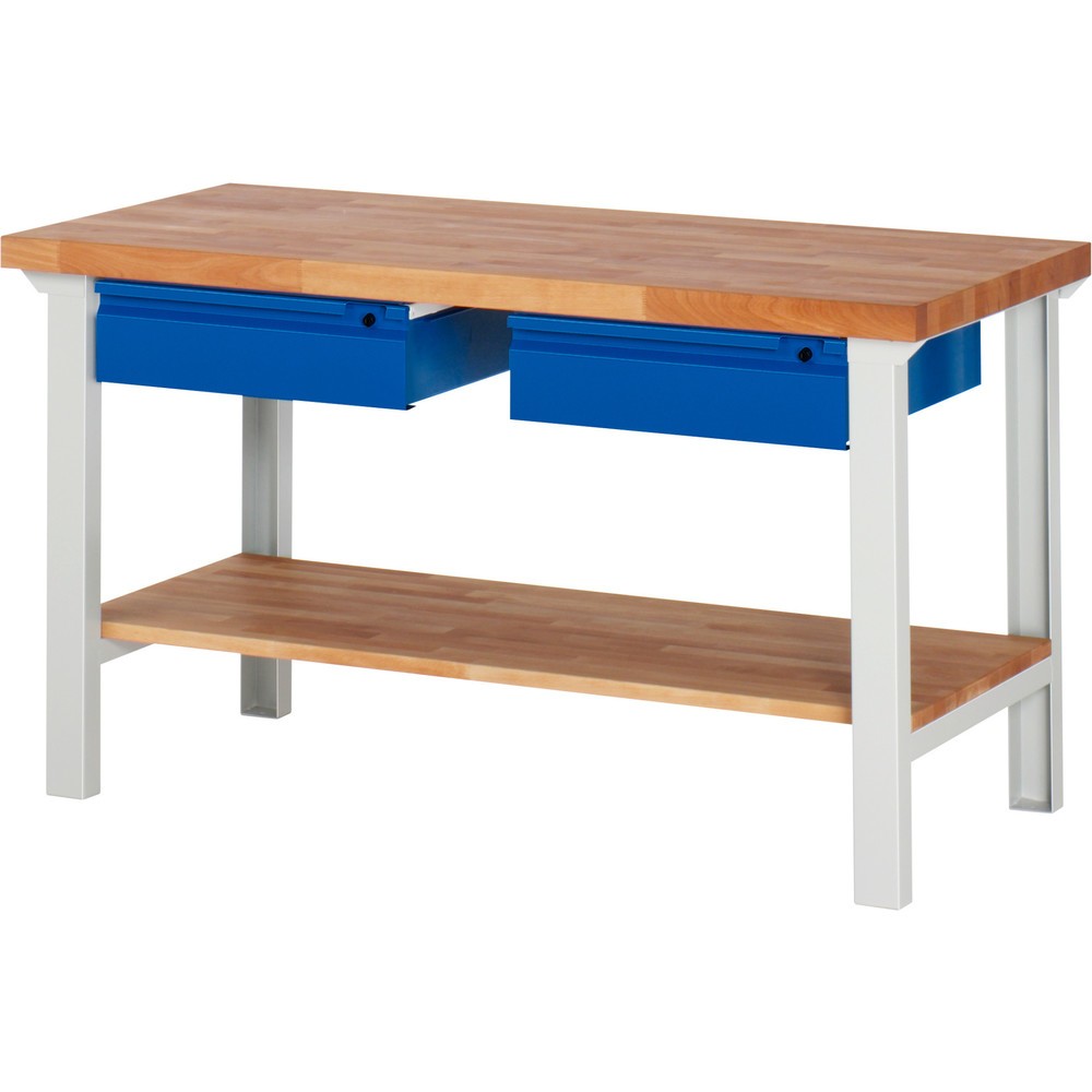 Produktabbildung: RAU Werkbank Serie 7000, 1 Buche-Massiv-Ablageboden, HxBxT 840 x 1.500 x 700 mm, 2 Schubladen 2 x 150 mm
