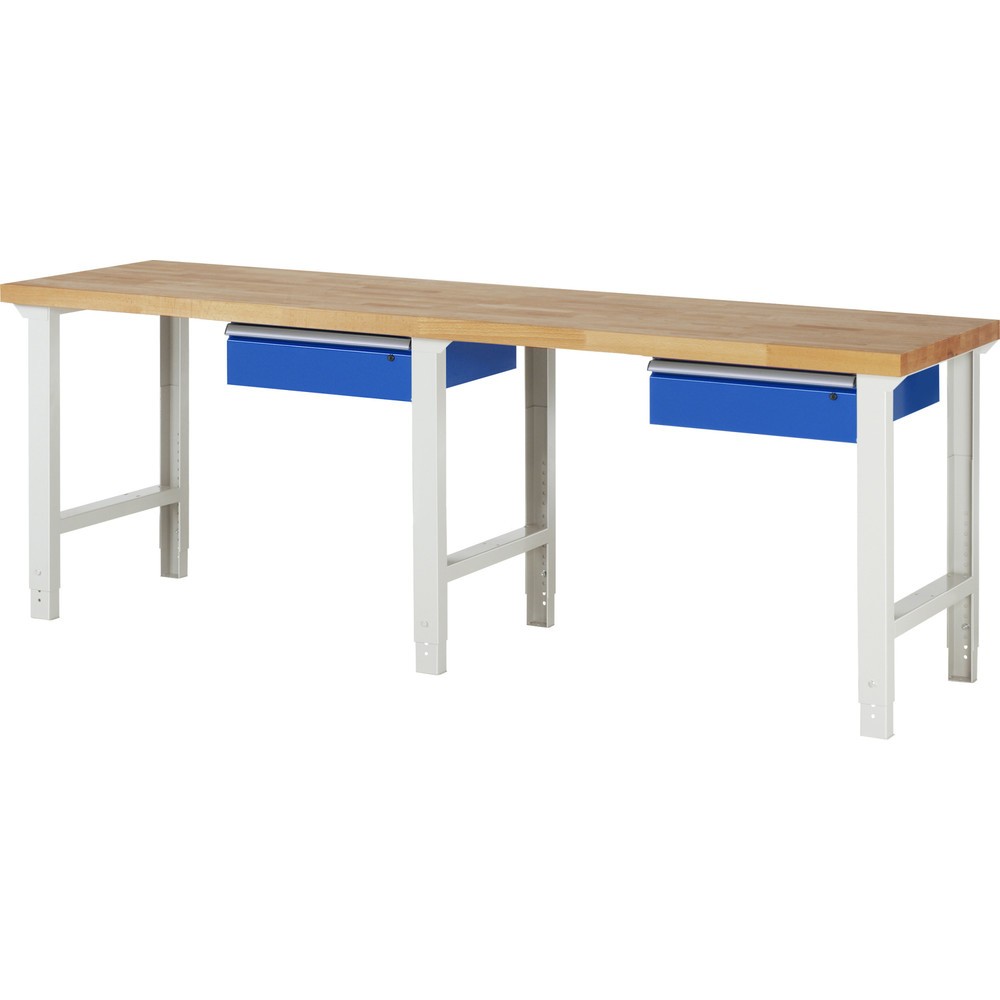 Produktabbildung: RAU Werkbank Serie 7000, HxBxT 790-1.140 x 2.500 x 700 mm, 2 Schubladen, ErgoScript
