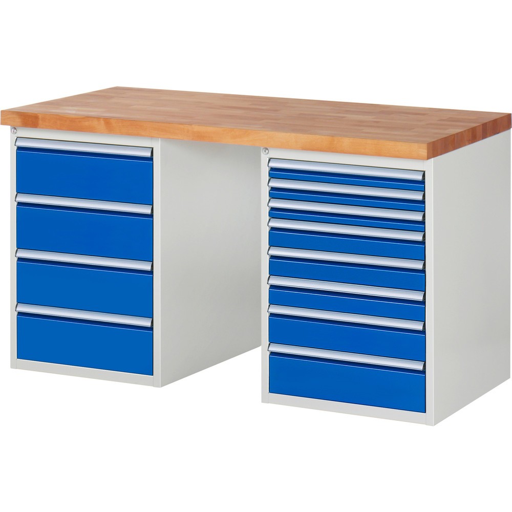 Produktabbildung: RAU Werkbank Serie 7000, 2 Container, HxBxT 840 x 1.500 x 700 mm, 12 x 90%-Auszug-Schubladen 3 x 60 mm, 3 x 90 mm, 1 x 120 mm, 1 x 150 mm, 4 x 180 mm