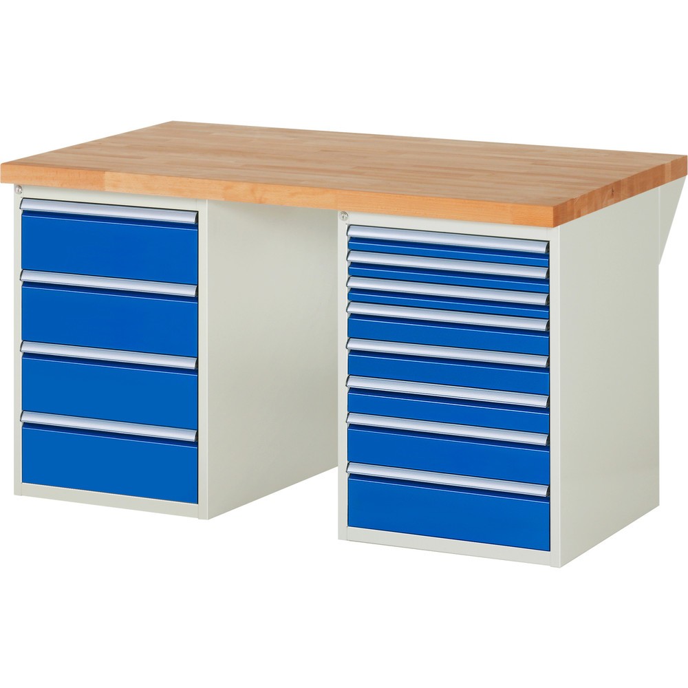 Produktabbildung Nr. 1: RAU Werkbank Serie 7000, 2 Container, HxBxT 840 x 1.500 x 900 mm, 12 x 100%-Auszug-Schubladen 3 x 60 mm, 3 x 90 mm, 1 x 120 mm, 1 x 150 mm, 4 x 180 mm