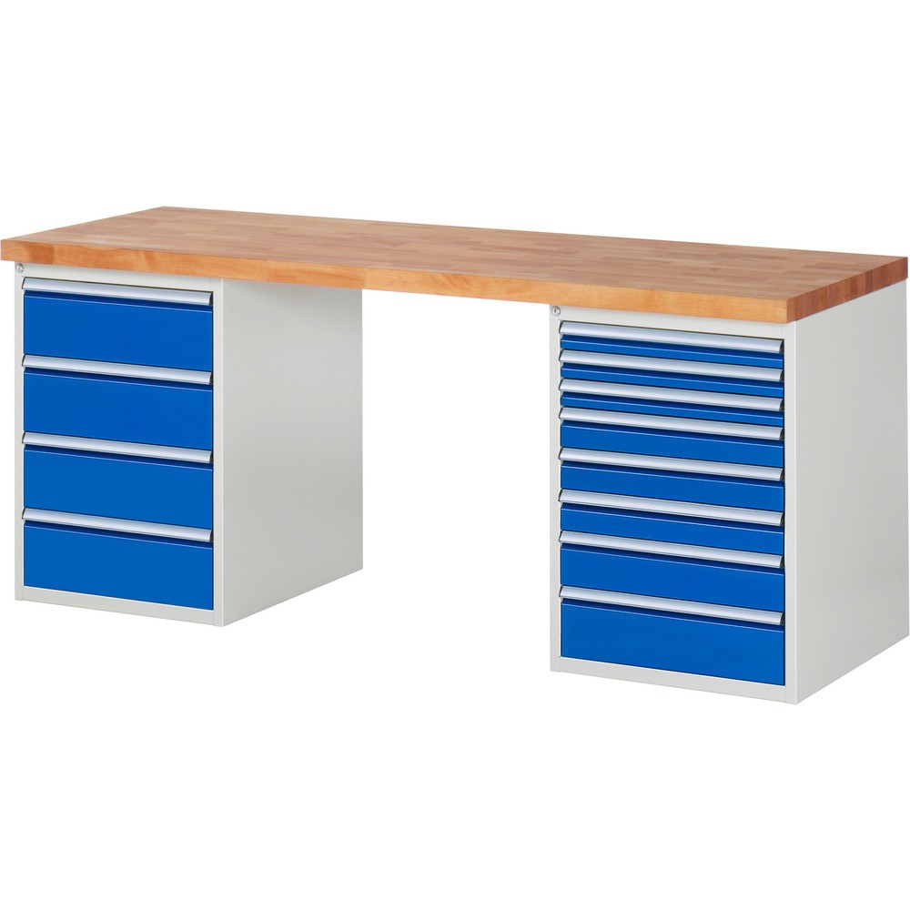 Produktabbildung Nr. 1: RAU Werkbank Serie 7000, 2 Container, HxBxT 890 x 2.000 x 700 mm, 12 x 90%-Auszug-Schubladen 3 x 60 mm, 3 x 90 mm, 1 x 120 mm, 1 x 150 mm, 4 x 180 mm