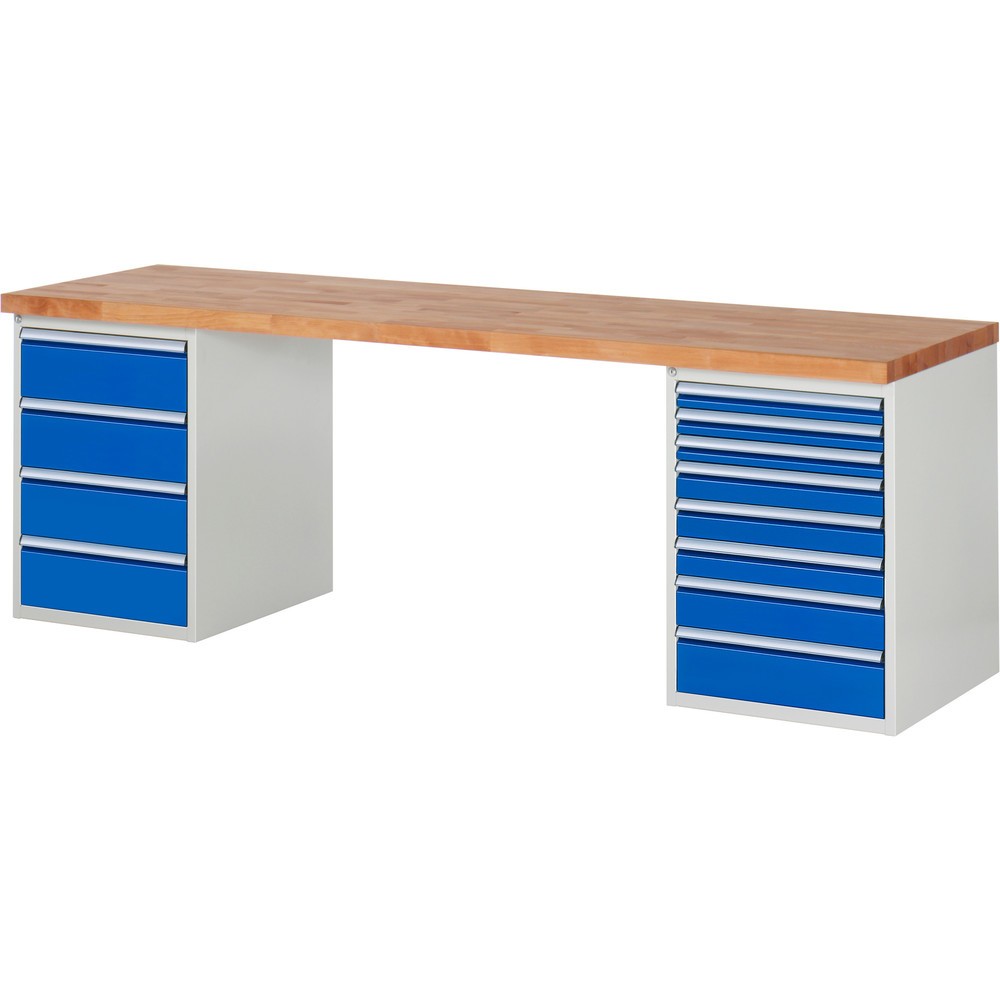 Produktabbildung Nr. 1: RAU Werkbank Serie 7000, 2 Container, HxBxT 890 x 2.500 x 700 mm, 12 x 90%-Auszug-Schubladen 3 x 60 mm, 3 x 90 mm, 1 x 120 mm, 1 x 150 mm, 4 x 180 mm