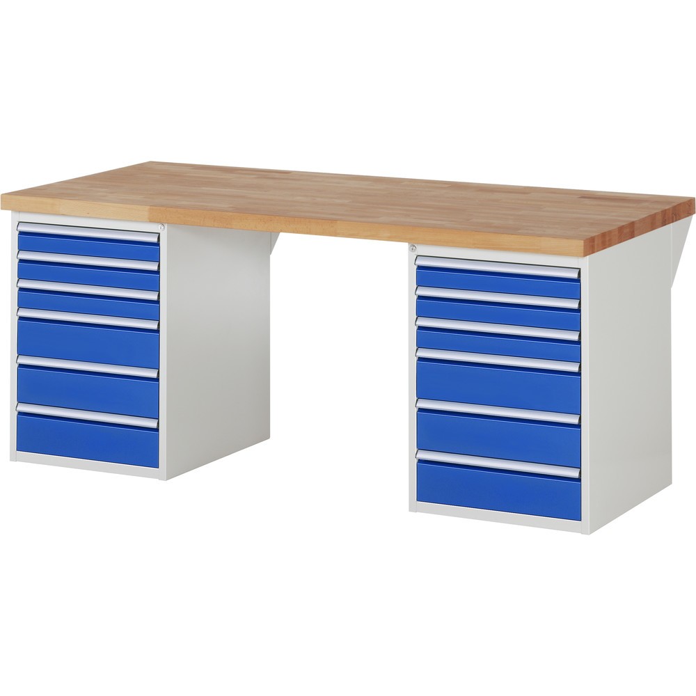 Produktabbildung: RAU Werkbank Serie 7000, 2 Container, HxBxT 890 x 2.000 x 900 mm, 12 x 90%-Auszug-Schubladen 6 x 90 mm, 6 x 150 mm