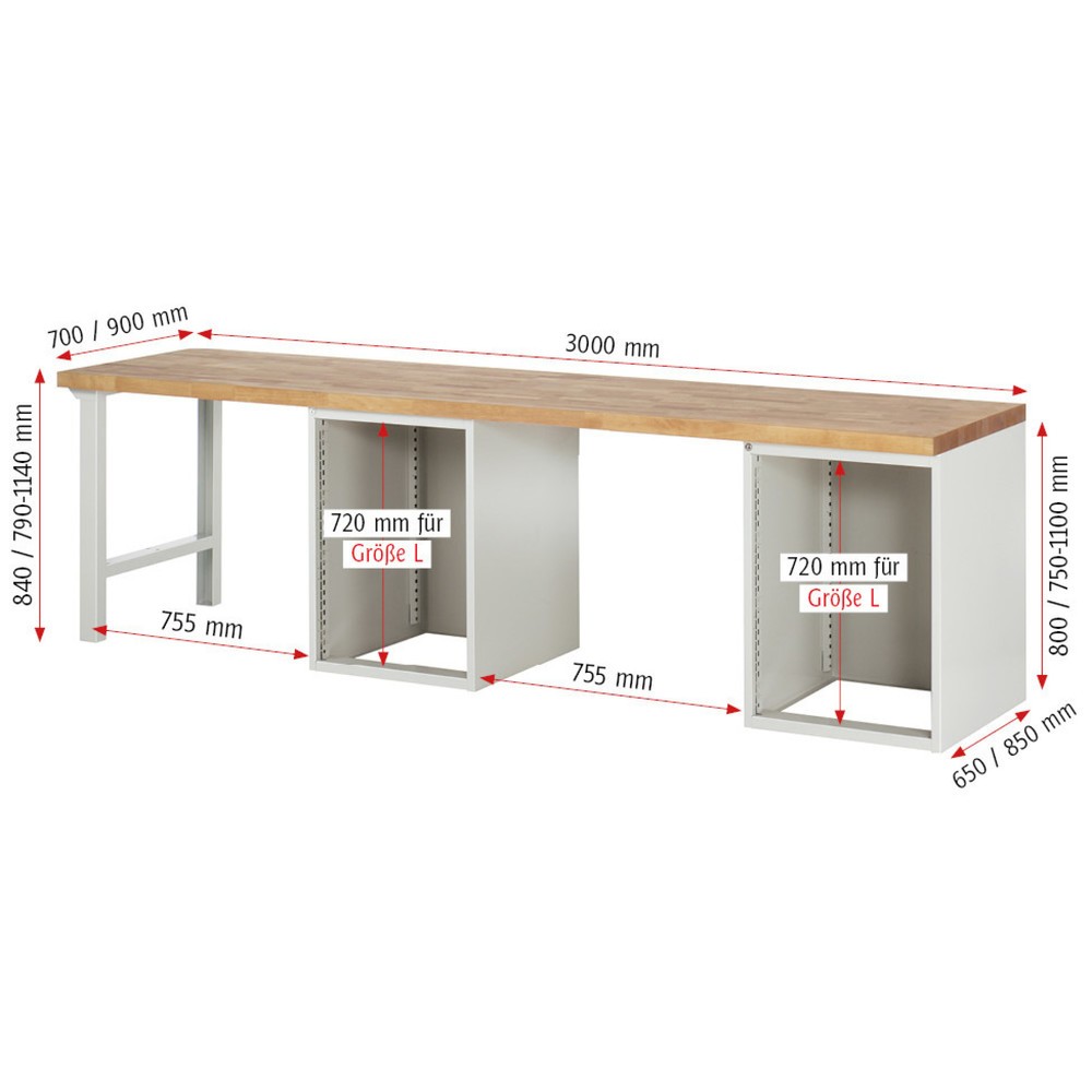 Produktabbildung Nr. 5: RAU Werkbank Serie 7000, 2 Container, HxBxT 890 x 3.000 x 700 mm, 2 Fachböden, 2 Flügeltüren