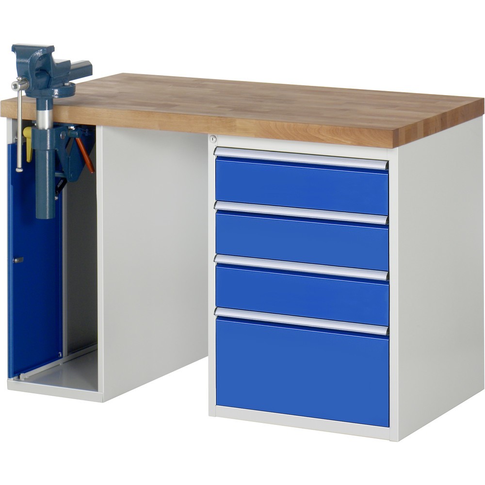 Produktabbildung: RAU Werkbank Serie 7000, 2 Container, SchraubstockHxBxT 890 x 1.250 x 700 mm,  4 x 90%-Auszug-Schubladen, Schubladen-TK 100 kg