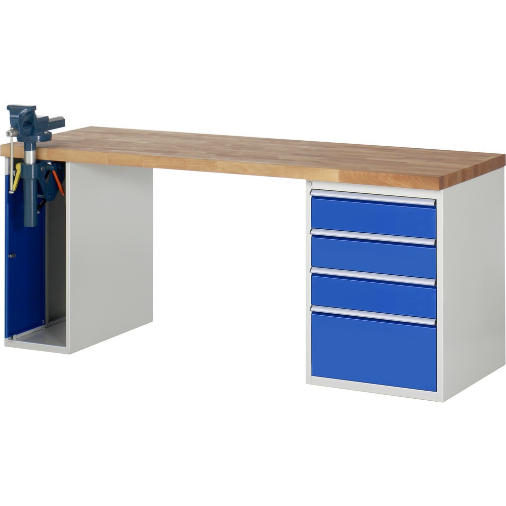 Produktabbildung: RAU Werkbank Serie 7000, 2 Container, SchraubstockHxBxT 890 x 2.000 x 700 mm,  4 x 90%-Auszug-Schubladen, Schubladen-TK 100 kg