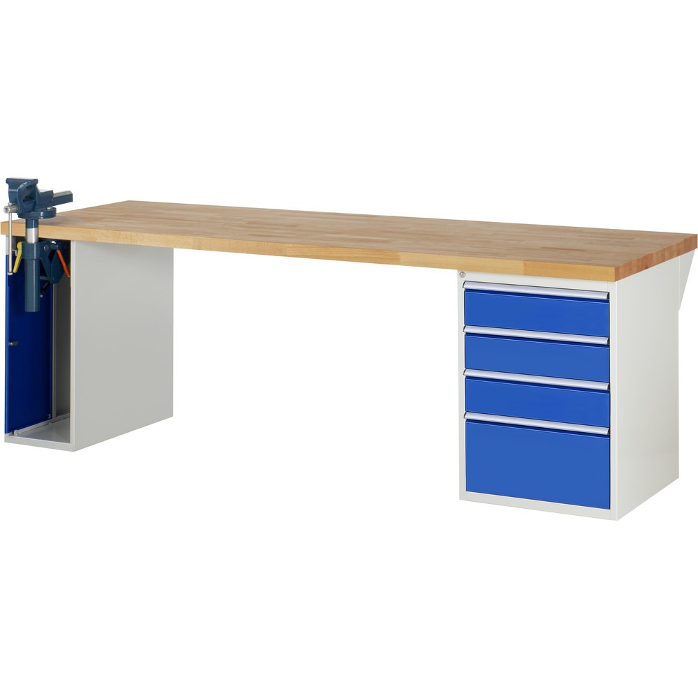 Produktabbildung: RAU Werkbank Serie 7000, 2 Container, SchraubstockHxBxT 890 x 2.500 x 900 mm,  4 x 90%-Auszug-Schubladen, Schubladen-TK 100 kg