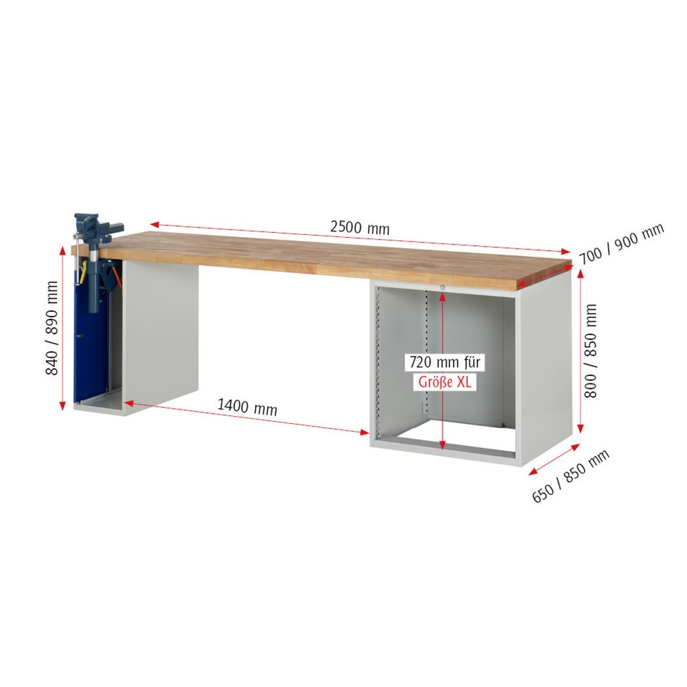 Produktabbildung Nr. 6: RAU Werkbank Serie 7000, 2 Container, SchraubstockHxBxT 890 x 2.500 x 700 mm, 4 x 90%-Auszug-Schubladen, Schubladen-TK 75 kg