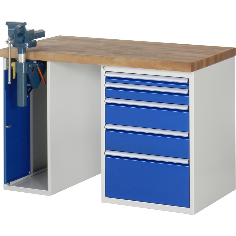 Produktabbildung: RAU Werkbank Serie 7000, 2 Container, Schraubstock, HxBxT 890 x 1.250 x 700 mm, 5 x 90%-Auszug-Schubladen