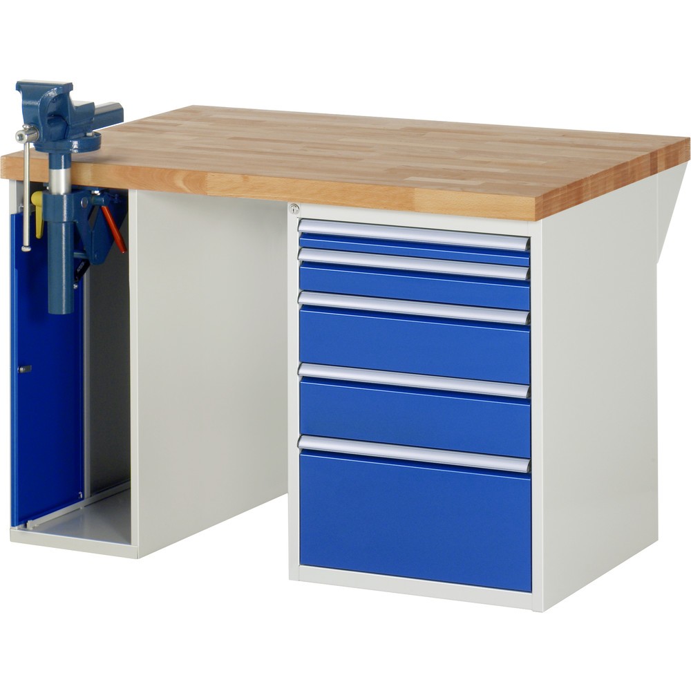 Produktabbildung: RAU Werkbank Serie 7000, 2 Container, Schraubstock, HxBxT 890 x 1.250 x 900 mm, 5 x 90%-Auszug-Schubladen