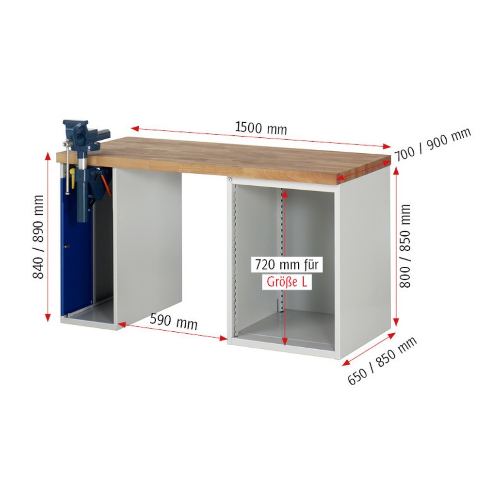 Produktabbildung Nr. 6: RAU Werkbank Serie 7000, 2 Container, Schraubstock, HxBxT 890 x 1.500 x 700 mm, 5 x 100%-Auszug-Schubladen