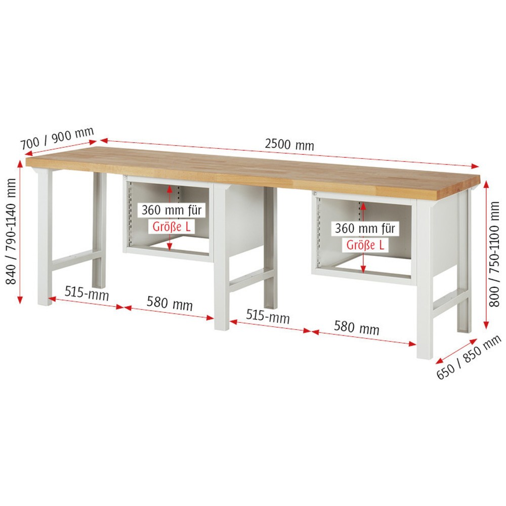 Produktabbildung Nr. 5: RAU Werkbank Serie 7000, 2 Container, HxBxT 790-1.140 x 2.500 x 700 mm, 4 x 90%-Auszug-Schubladen 4 x 180 mm