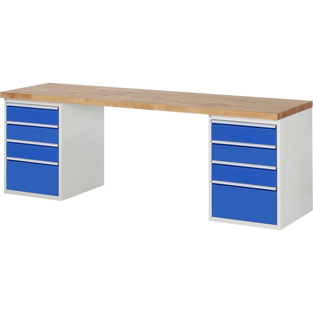 Produktabbildung: RAU Werkbank Serie 7000, 2 Container, HxBxT 890 x 2.500 x 700 mm, 8 x 90%-Auszug-Schubladen 6 x 150, 2 x 270 mm
