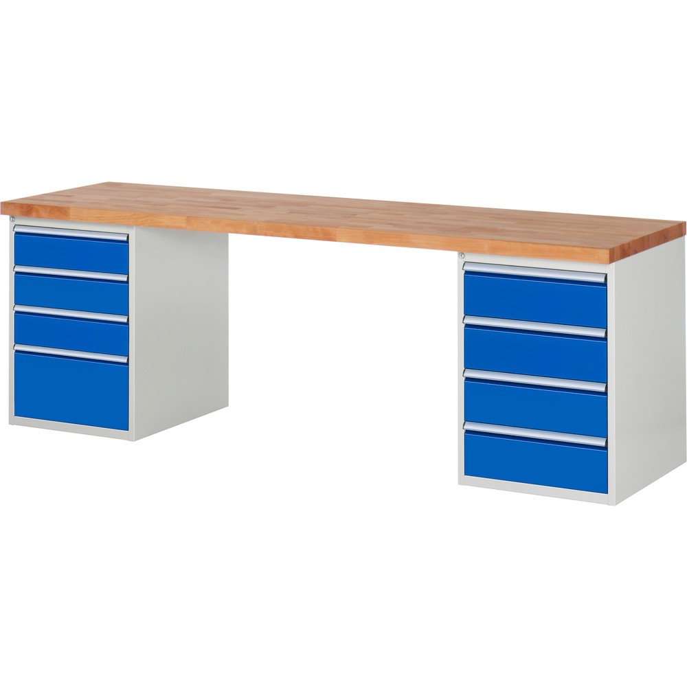 Produktabbildung Nr. 1: RAU Werkbank Serie 7000, 2 Container, HxBxT 890 x 2.500 x 700 mm, 8 x 100%-Auszug-Schubladen 3 x 150, 4 x 180, 1 x 270 mm