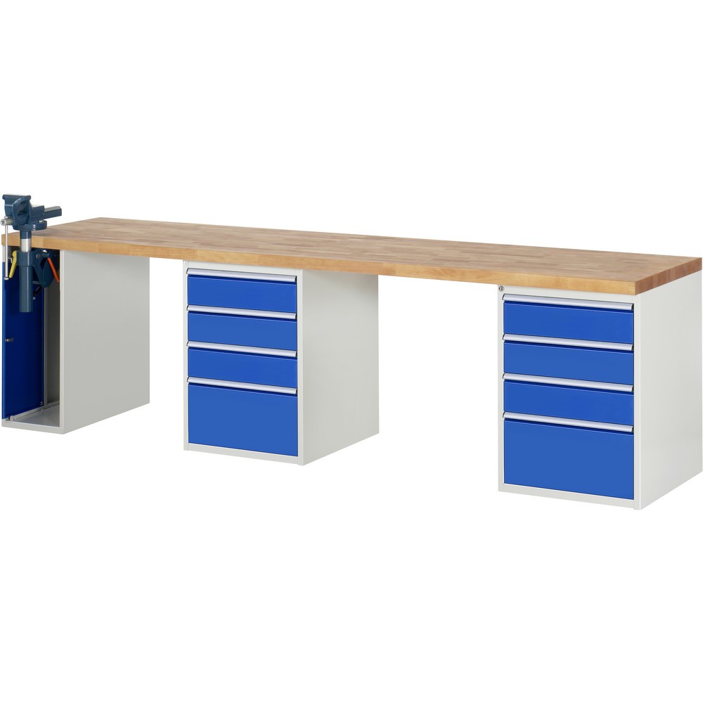 Produktabbildung: RAU Werkbank Serie 7000, 3 Container, HxBxT 890 x 3.000 x 700 mm, 8 x 90%-Auszug-Schubladen, 1 Schraubstock links