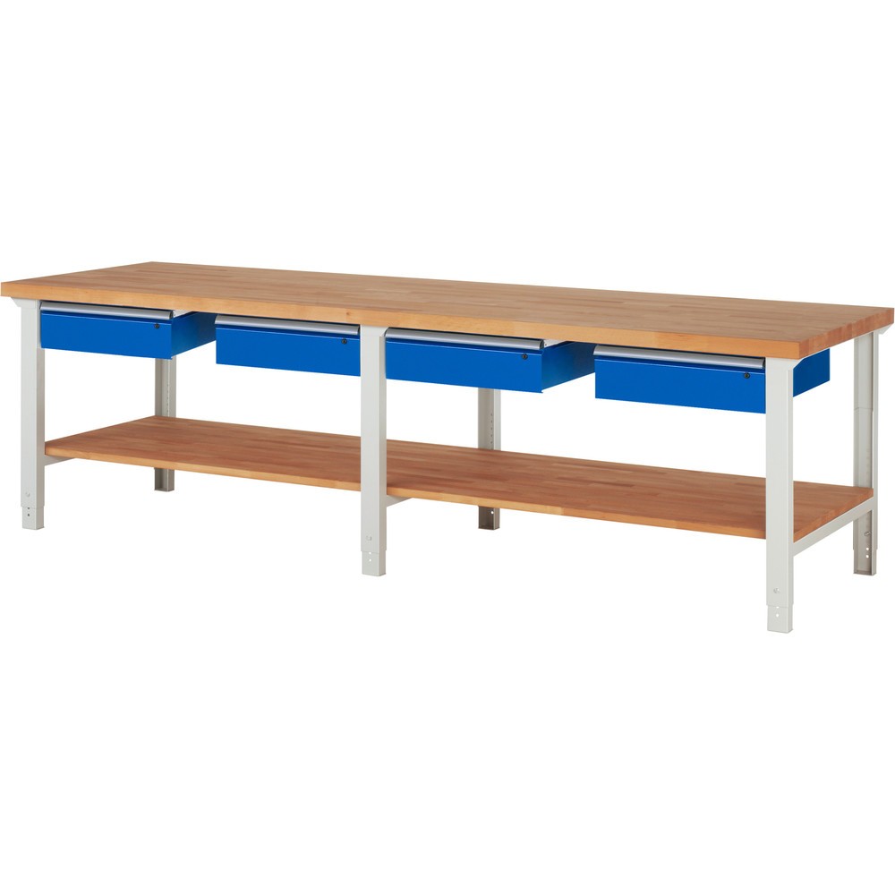 Produktabbildung Nr. 1: RAU Werkbank Serie 7000, 1 Buche-Massiv-Ablageboden, HxBxT 790-1.140 x 3.000 x 900 mm, 4 Schubladen 4 x 150 mm