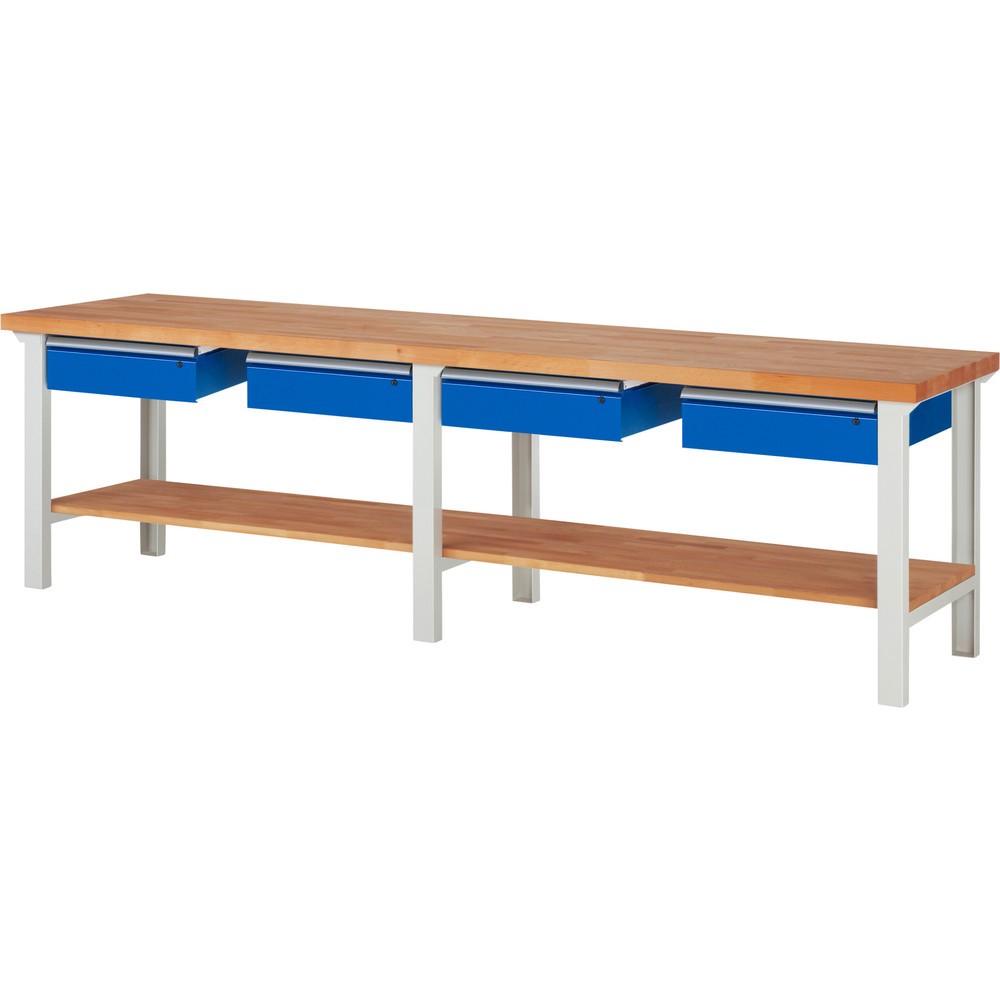 Produktabbildung: RAU Werkbank Serie 7000, 1 Buche-Massiv-Ablageboden, HxBxT 840 x 3.000 x 700 mm, 4 Schubladen 4 x 150 mm