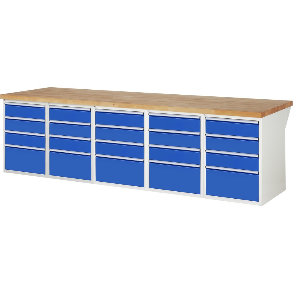 Produktabbildung: RAU Werkbank Serie 7000, 5 Container, HxBxT 890 x 3.000 x 900 mm, 20 x 90%-Auszug-Schubladen