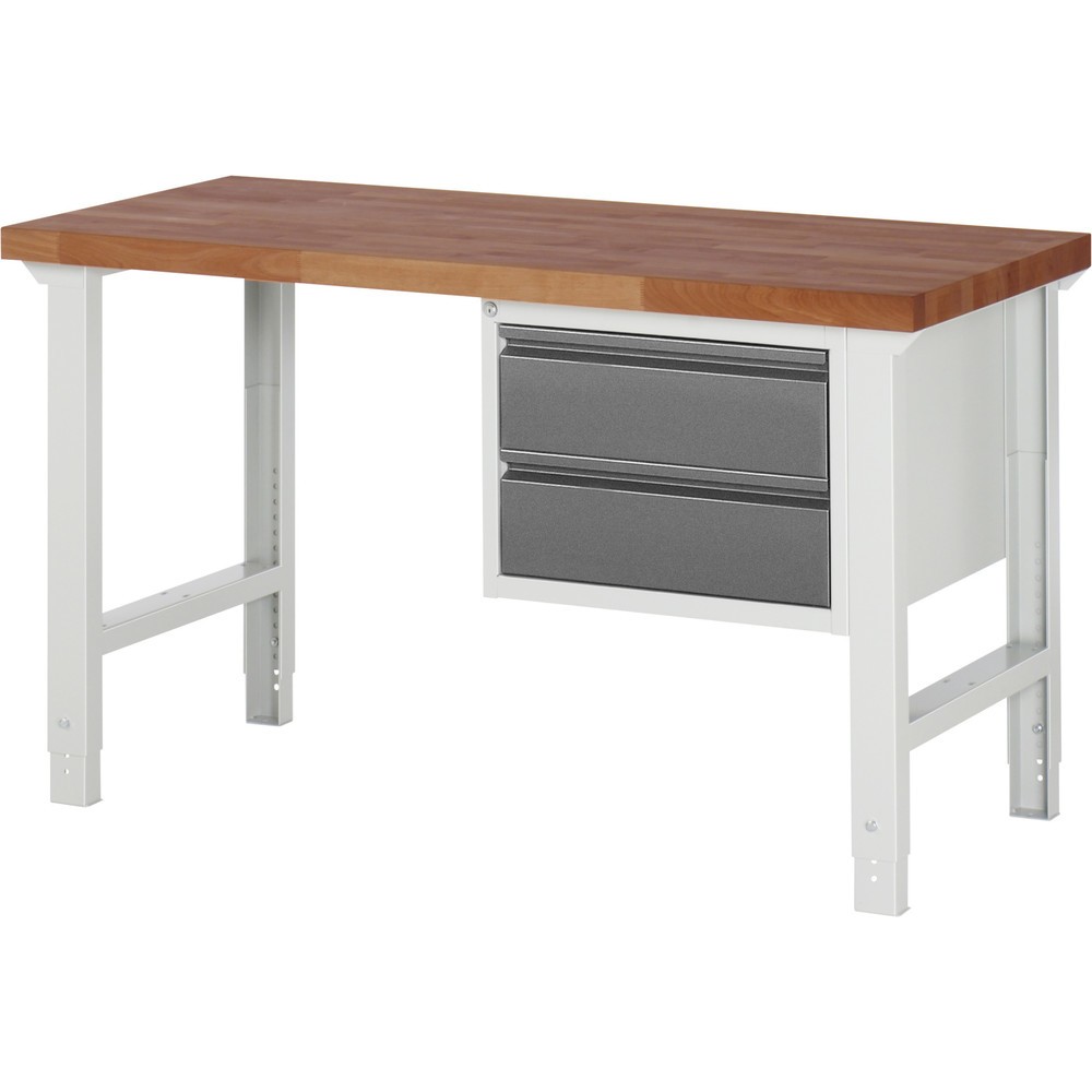 Produktabbildung Nr. 1: RAU Werkbank Serie 7000, Rotbuche-Massiv-Arbeitsplatte, 1 Container, HxBxT 790-1.140 x 1.500 x 700 mm, 2 Schubladen 2 x 180 mm
