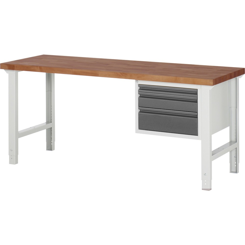 Produktabbildung Nr. 1: RAU Werkbank Serie 7000, Rotbuche-Massiv-Arbeitsplatte, 1 Container, HxBxT 790-1.140 x 2.000 x 700 mm, 3 Schubladen 1 x 60 mm, 1 x 120 mm, 1 x 180 mm