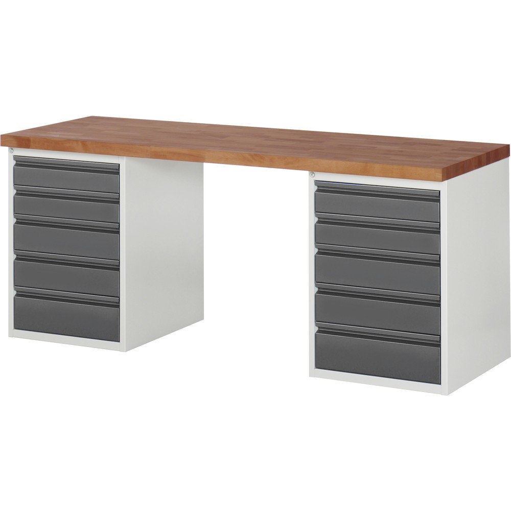 Produktabbildung Nr. 1: RAU Werkbank Serie 7000, Rotbuche-Massiv-Arbeitsplatte, 2 Container, HxBxT 890 x 2.000 x 700 mm, 10 Schubladen 4 x 120 mm, 4 x 150 mm, 2 x 180 mm