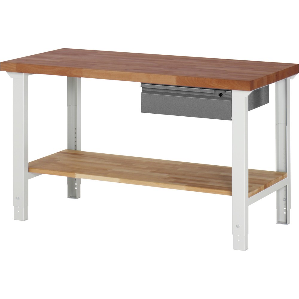 Produktabbildung Nr. 1: RAU Werkbank Serie 7000, Rotbuche-Massiv-Arbeitsplatte, 1 Schublade, 1 Buche-Massiv-Ablageboden, HxBxT 790-1.140 x 1.500 x 700 mm, 1 Schublade