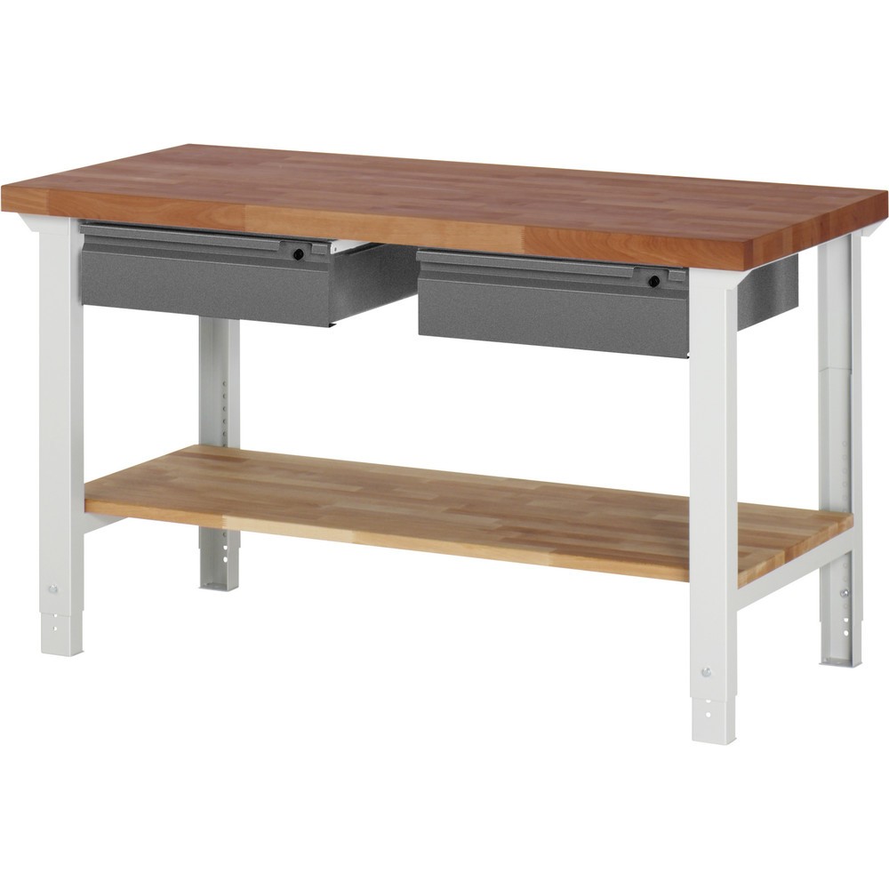 Produktabbildung Nr. 1: RAU Werkbank Serie 7000, Rotbuche-Massiv-Arbeitsplatte, 2 Schubladen, 1 Buche-Massiv-Ablageboden, HxBxT 790-1.140 x 1.500 x 700 mm, 2 Schubladen